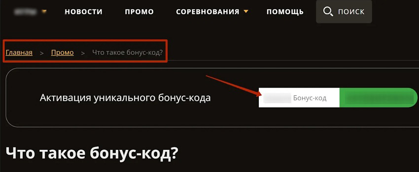Раздел использования бонусного кода